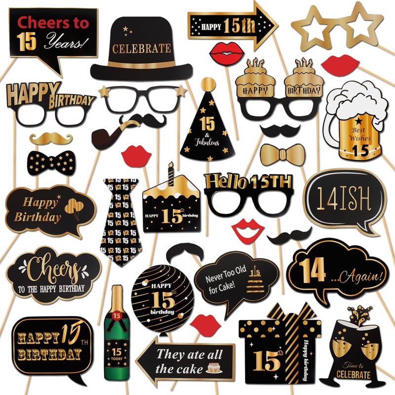 LINGTEER Happy 15th Birthday Party Photo Booth Props,Cheers to 15th Birthday Fifteen Years Old Bday Party Centerpieces Props Decorations Sign. - Image 1